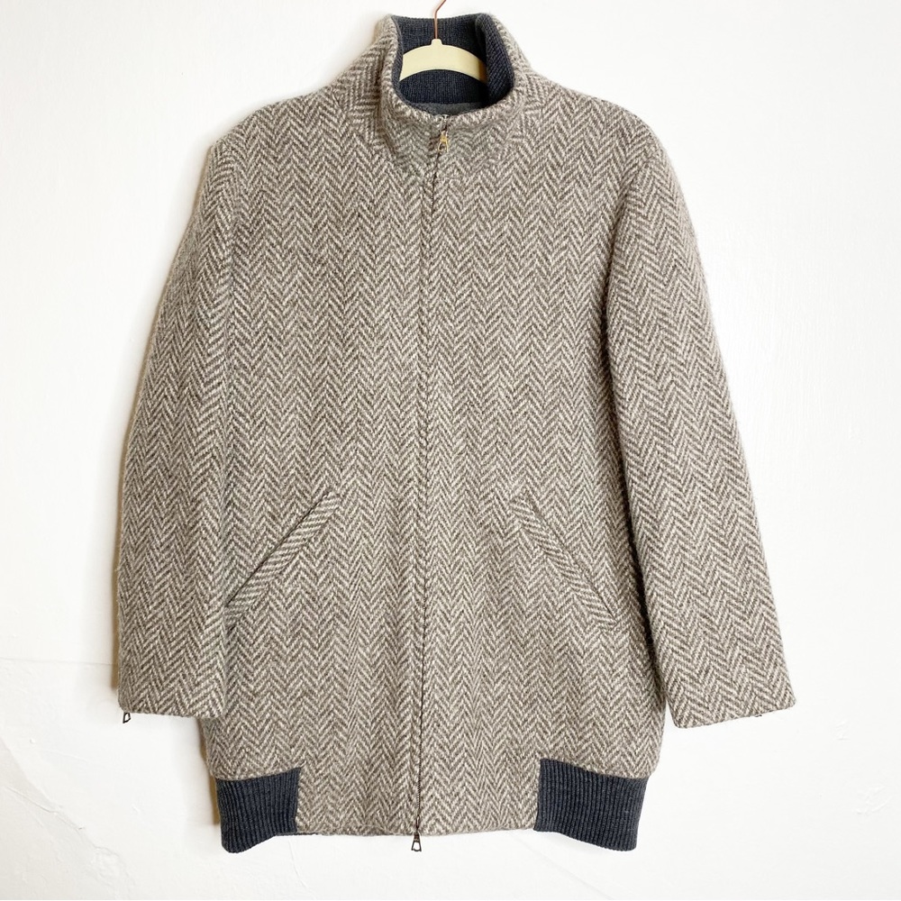A.P.C. Beige Herringbone Wool Pea Coat with Dark Gray Trim